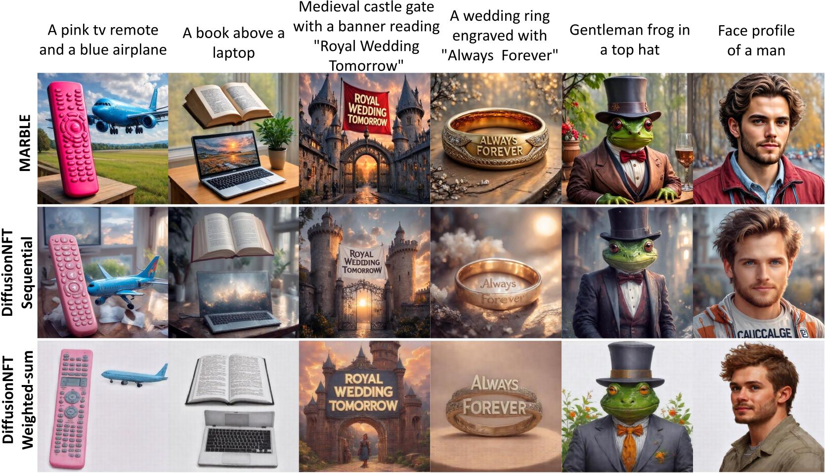 Qualitative comparison: MARBLE vs. baselines on prompts spanning text rendering, counting, attribute binding, and aesthetic quality